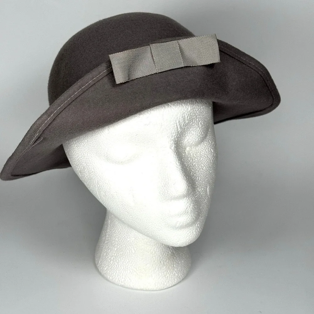 Vtg Taupe 100% Wool Felt Hat‎ 1940s USA Floppy Grosgrain Bow WPL 4384